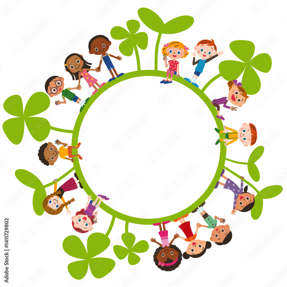 Obraz premium クローバーの葉っぱに囲まれた幸せな子供達