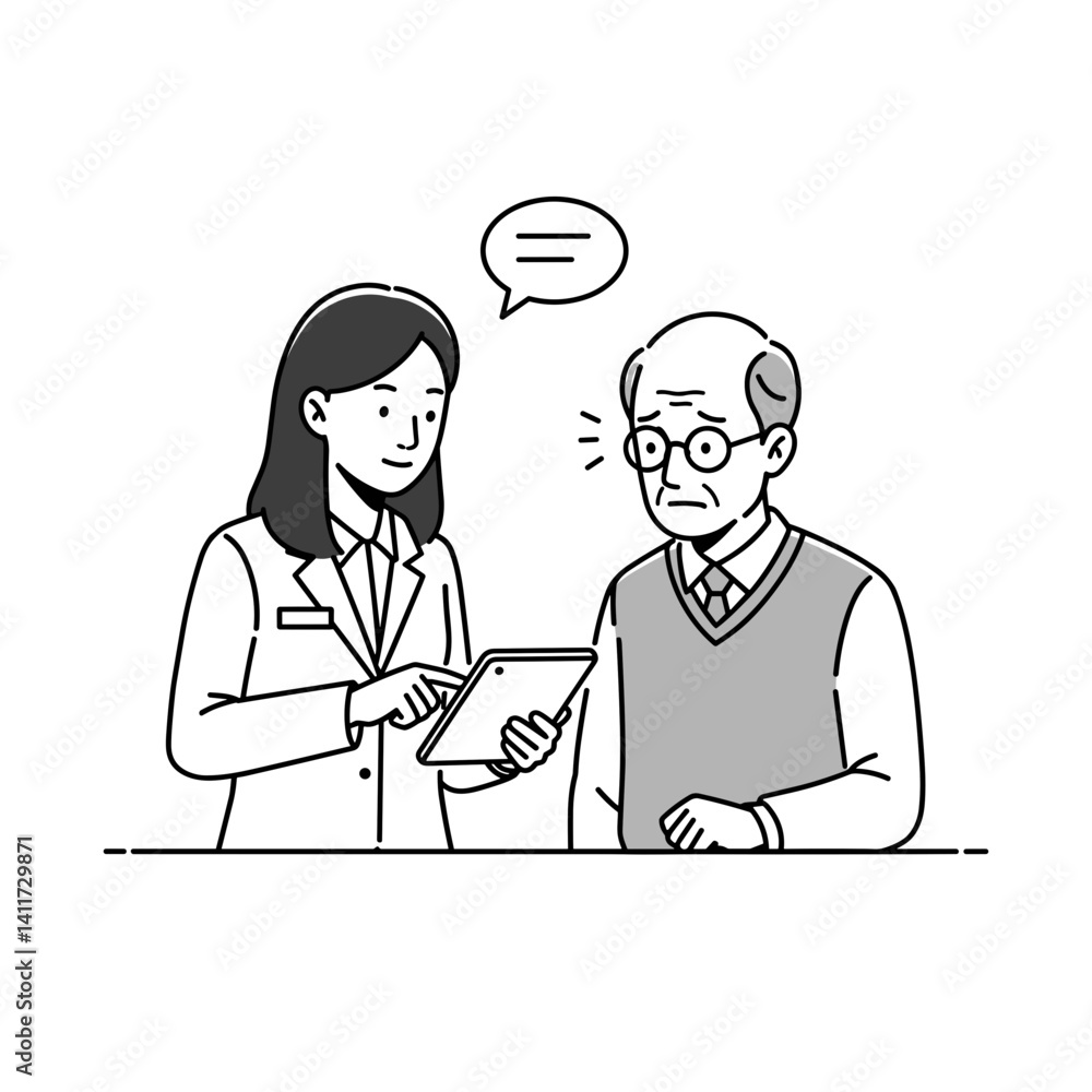Bank employee explaining security to senior citizen with tablet Bank employee explaining security to senior citizen with tablet
