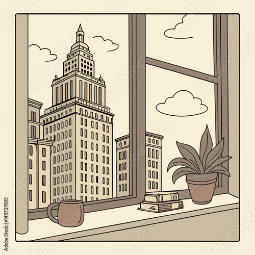 a windowsill with a retro city skyline outside