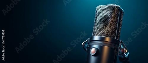 Studio‑grade condenser microphone on vibrant blue backdrop — minimalist recording equipment banner ideal for podcasting, voice‑over, livestream, and music production concepts
