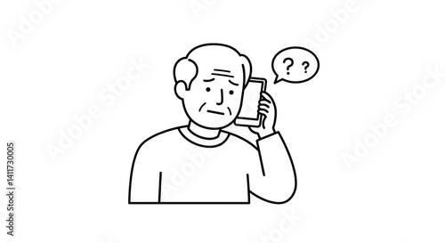Confused elderly man questioning a phone call in a minimalistic style  