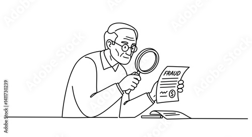 Elderly man inspecting document for fraud with magnifying glass  