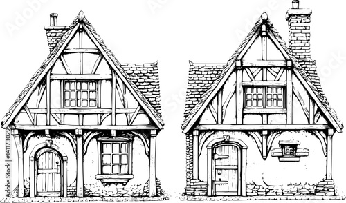 Two Tudor style Merchant houses designs, Tudor style Merchant houses vector graphic