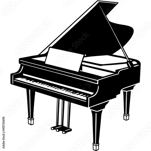 Vector silhouette of a grand piano with the lid fully open