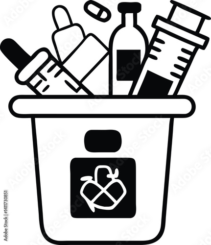 Sharps Container Icon with Syringe, Vials, Pill Outline on Transparent Background