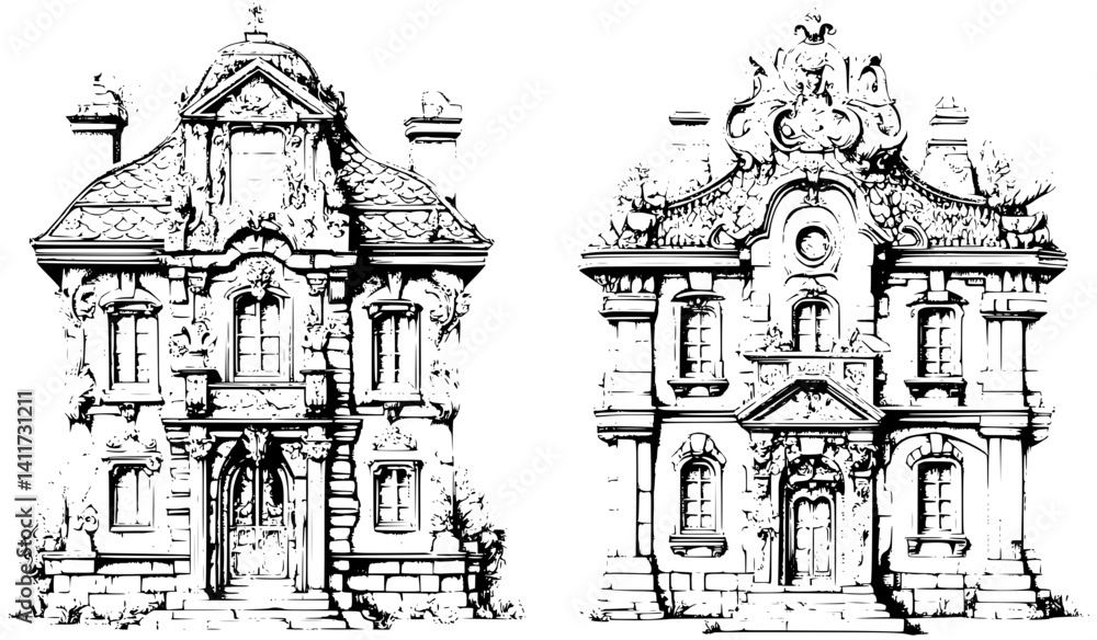 Fototapeta premium Two Baroque style Fountain houses designs, Baroque style Fountain houses vector image