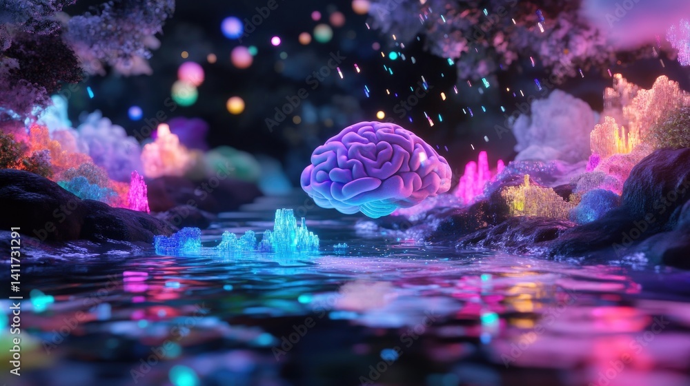 Surreal Fantasy Landscape with Glowing Brain and Colorful Crystals