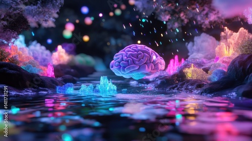 Obraz na płótnie Surreal Fantasy Landscape with Glowing Brain and Colorful Crystals w salonie