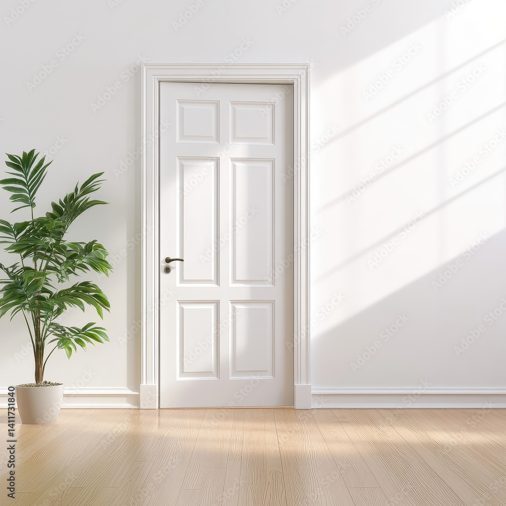 Bright and Minimalist Interior with White Door and Green Plant Bright and Minimalist Interior with White Door and Green Plant