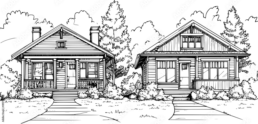 Obraz premium Two Craftsman style Guesthouses designs, Craftsman style Guesthouses vector image