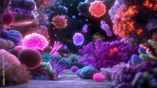 Vibrant Underwater Scene of Microorganisms in Coral Reef Ecosystem