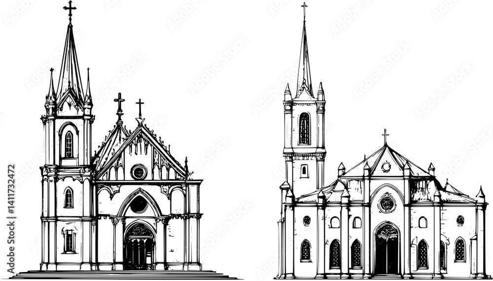 Fototapeta premium Two Gothic style Courthouses designs, Gothic style Courthouses vector image