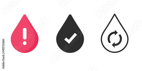 Blood drop health under risk warning alert icon vector graphic, line stroke outline water test check up normal and circulated refresh simple solid pictogram red black white, medical healthcare caution