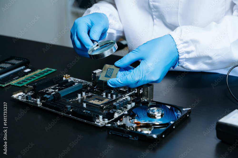 Obraz premium The technician is putting the CPU on the socket of the computer motherboard. electronic engineering electronic