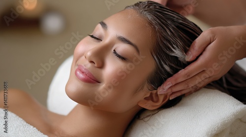 ヘッドスパでリラックスするアジア人女性、濡れた髪と穏やかな表情のウェルネスシーン