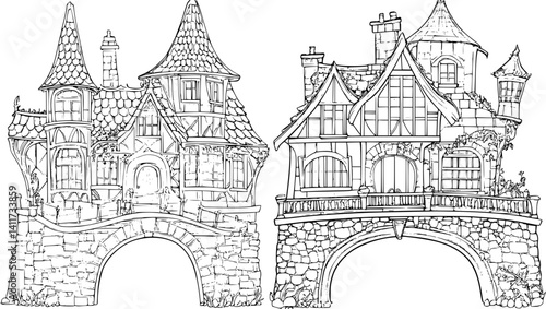 Two Tudor style Bridge houses designs, Tudor style Bridge houses vector image