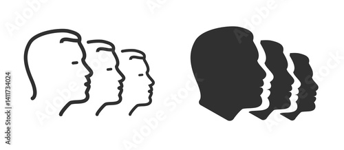 People line row order icon vector, human crowd queue rank stroke line outline simple shape silhouette graphic illustration set, solid family or team portrait image clip art black white