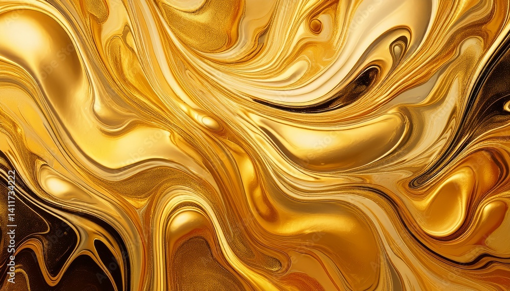 Fototapeta premium Gold fluid art marbling paint textured background. Generated image