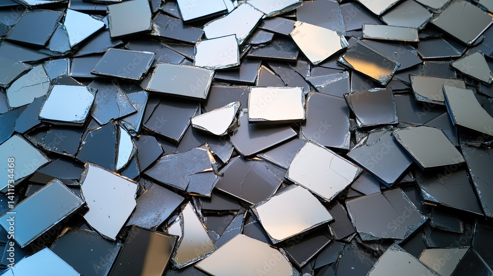 Shattered Mirror Tiles on a Surface Creating a Reflected Mosaic