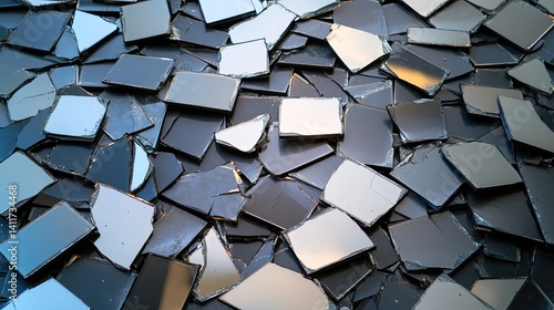 Shattered Mirror Tiles on a Surface Creating a Reflected Mosaic