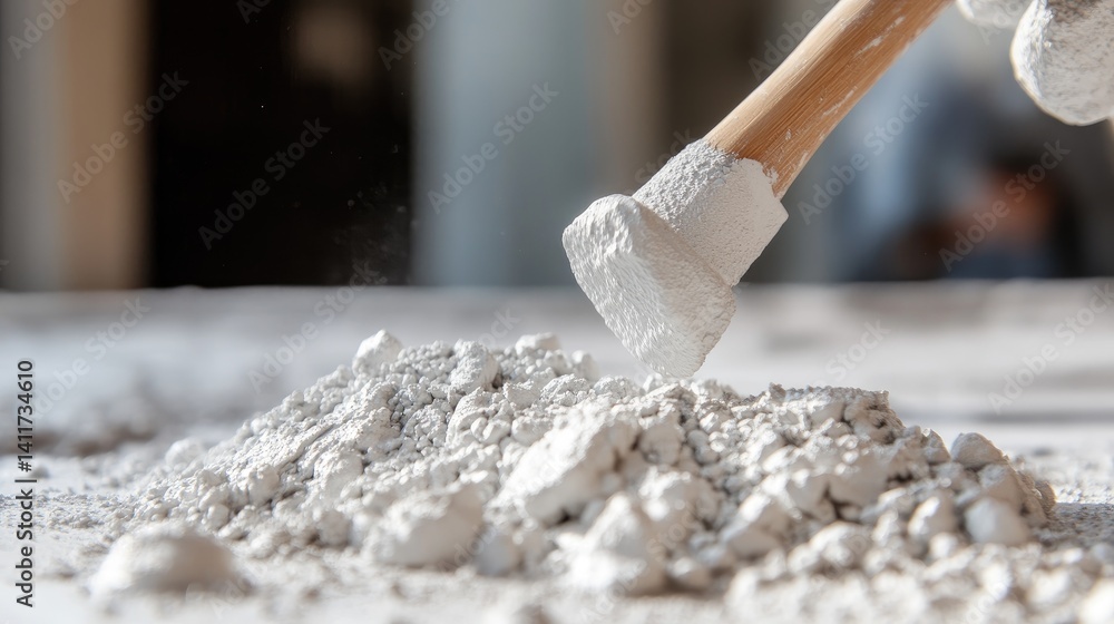 Hammer Striking Pile of White Powder on Table in Bright Room
