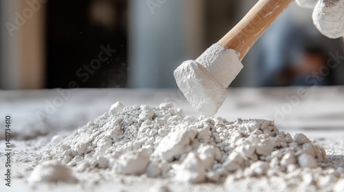 Obraz na płótnie Hammer Striking Pile of White Powder on Table in Bright Room w salonie