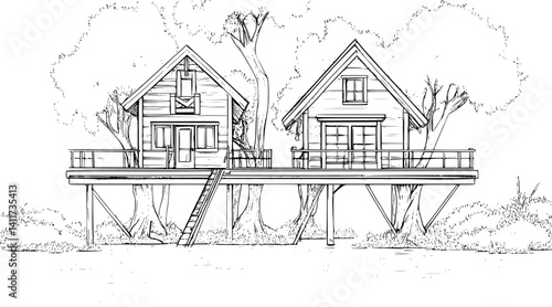 Two Craftsman style Treehouses designs, Craftsman style Treehouses vector illustration