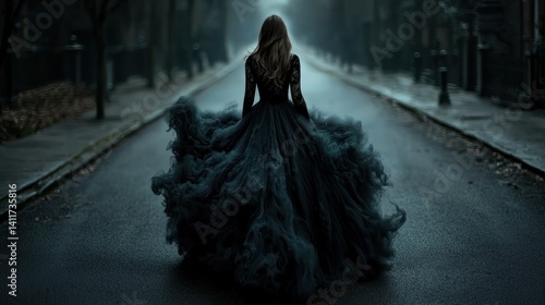 Woman in flowing gown walks down city street at dusk