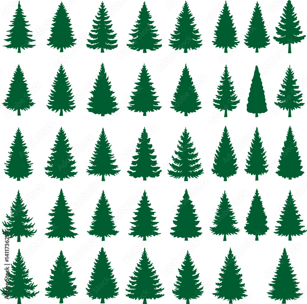 Obraz premium Pine tree silhouettes. Evergreen forest firs and spruces black shapes, wild nature trees templates. Vector woodland. Vector illustration woodland trees set on white background. EPS 10 version.