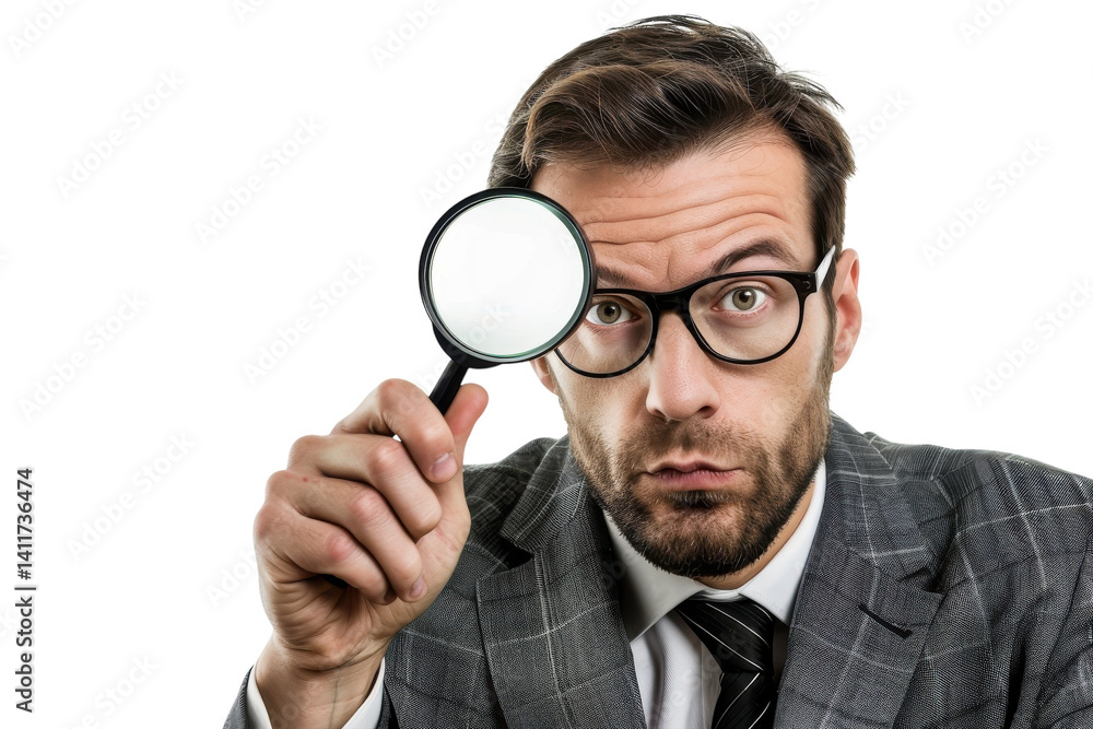Detective in a suit examines details closely with a magnifying glass, showcasing curiosity and attention to detail during a mystery investigation isolated on transparent background Detective in a suit examines details closely with a magnifying glass, showcasing curiosity and attention to detail during a mystery investigation isolated on transparent background