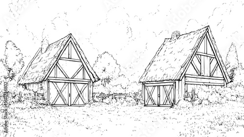 Two Tudor style Barns designs, Tudor style Barns vector illustration