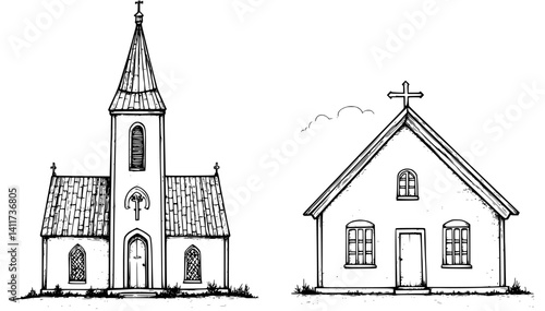 Two Tudor style Churches designs, Tudor style Churches vector illustration