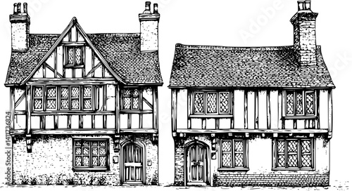 Two Tudor style Council houses designs, Tudor style Council houses vector illustration