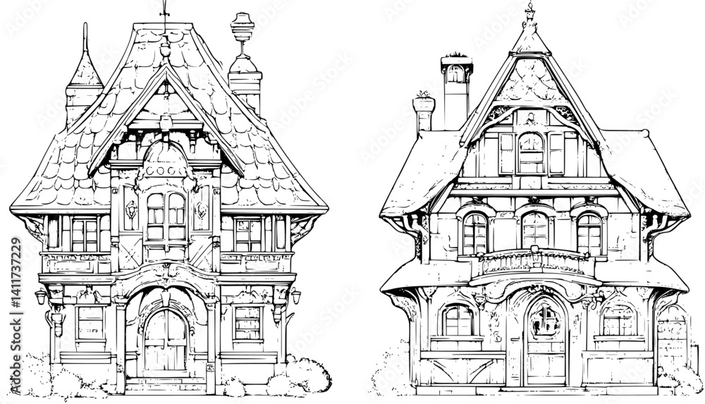 Naklejka premium Two Victorian style Market halls designs, Victorian style Market halls vector illustration