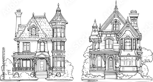 Two Victorian style Manors designs, Victorian style Manors vector illustration
