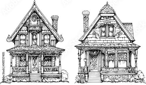 Two Victorian style Villas designs, Victorian style Villas vector illustration