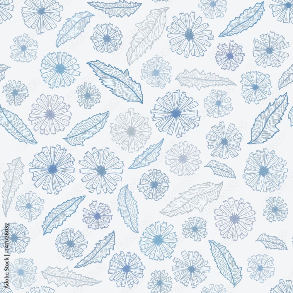 Wegwarte. Seamless Pattern. Randloses Muster. Flower Spring Illustration, Blumen Frühling und Sommer Illustration. Set of floral elements.
Wegwarte. Seamless Pattern. Randloses Muster. Flower Spring Illustration, Blumen Frühling und Sommer Illustration. Set of floral elements.