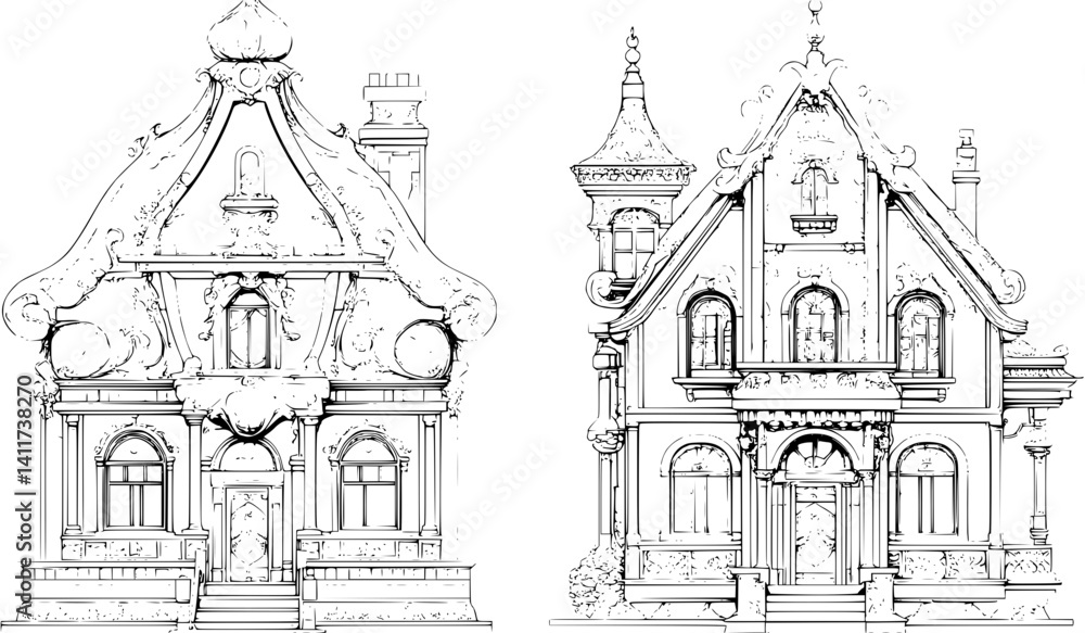 Two Baroque style Summer residences designs, Baroque style Summer residences illustration art Two Baroque style Summer residences designs, Baroque style Summer residences illustration art