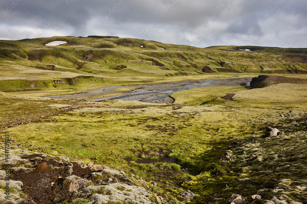Mossy landscape and river in Lakagigar. Volcanic area. South Iceland