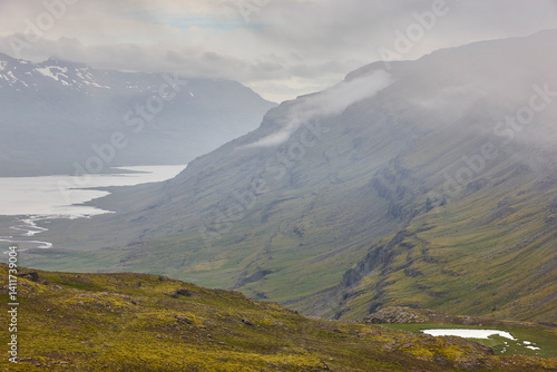 Obraz na płótnie Foggy mountain landscape in Berufjordur fjord. East fjords. Iceland w salonie