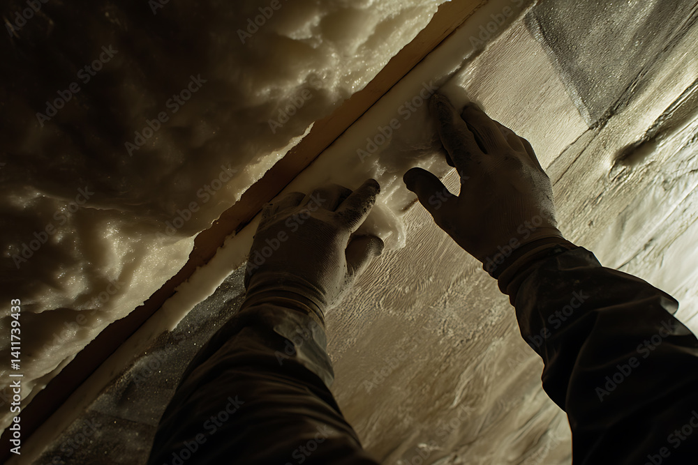 Fototapeta premium Construction worker installing insulation in a ceiling. Featuring insulation and building materials