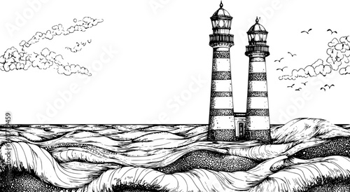 Two Mediterranean style Lighthouses designs, Mediterranean style Lighthouses illustration art