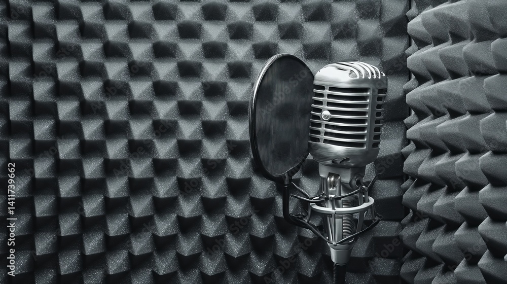 Vintage chrome broadcast microphone with circular pop filter set against geometric acoustic foam wall — nostalgic radio studio ambiance
