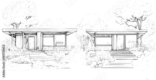 Two Mid-Century Modern style Houses designs, Mid-Century Modern style Houses illustration art