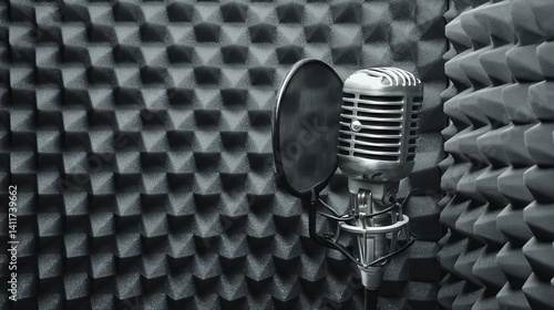 Obraz na płótnie Vintage chrome broadcast microphone with circular pop filter set against geometric acoustic foam wall — nostalgic radio studio ambiance w salonie