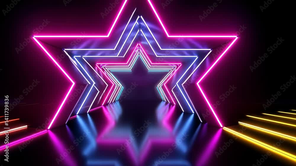 3D colorful neon light star shaped tunnel background, glowing in vibrant shades, Digital glow effect with neon background, creating a tunnel of bright neon lights 3D colorful neon light star shaped tunnel background, glowing in vibrant shades, Digital glow effect with neon background, creating a tunnel of bright neon lights