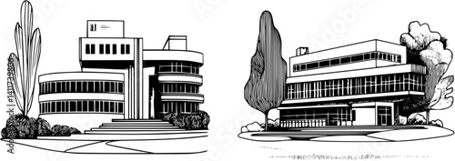 Two Mid-Century Modern style University buildings designs, Mid-Century Modern style University buildings illustration art