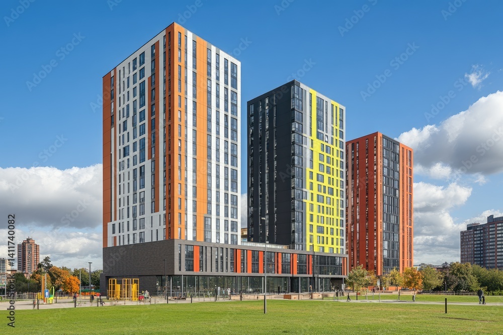 Modern student housing complex with vibrant colors Modern student housing complex with vibrant colors