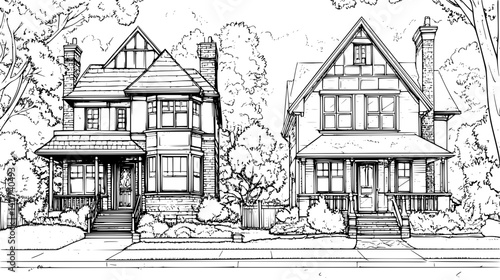 Two Tudor style Council houses designs, Tudor style Council houses illustration art