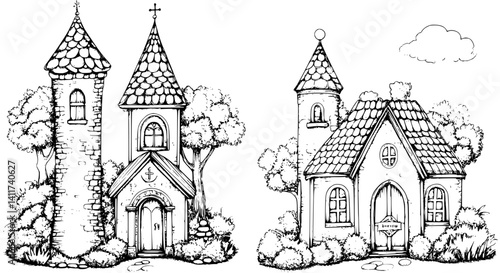 Two Tudor style Churches designs, Tudor style Churches illustration art